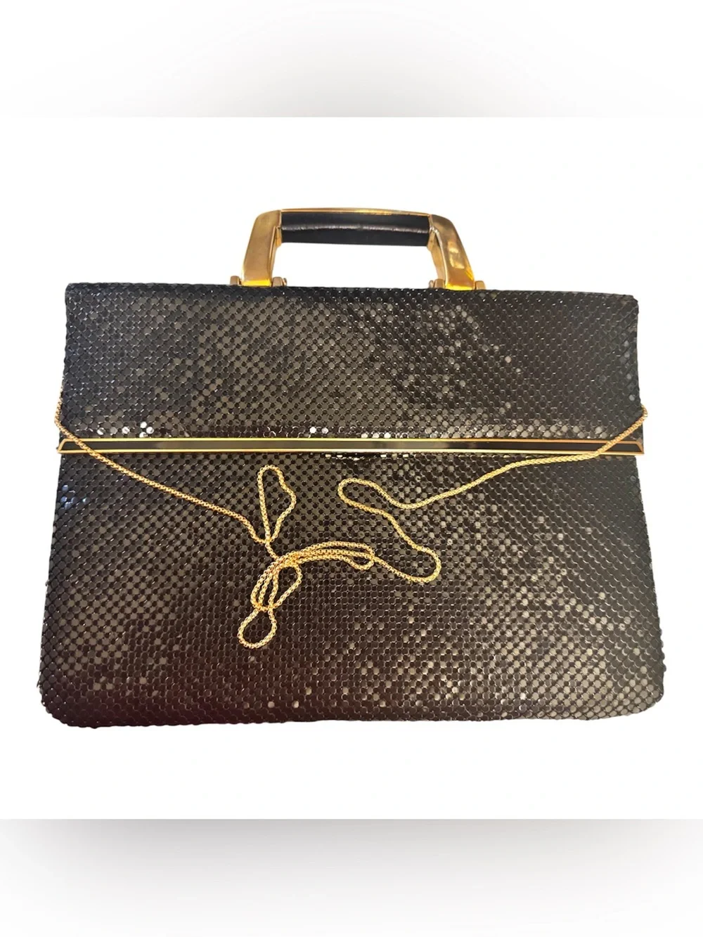 Y&S Original 80s Black & Gold Glam Mesh Structured Briefcase Top Handle Flap Bag